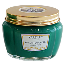 Load image into Gallery viewer, Yardley London English Lavender Brilliantine (80g) in a classic teal glass jar with a gold lid, a traditional hair pomade for men and women that adds shine and a light lavender fragrance.
