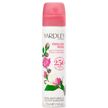 Load image into Gallery viewer, Yardley London English Rose Body Fragrance Spray (75ml), a light and refreshing floral deodorant spray with 95% naturally derived ingredients, celebrating 250 years of fine fragrance.
