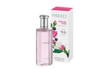 Load image into Gallery viewer, Bottle and packaging for Yardley London English Rose Eau de Toilette, a vegan and cruelty-free fragrance with 94% natural ingredients.
