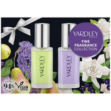 Load image into Gallery viewer, Yardley London Fine Fragrance Collection featuring 10ml travel sprays of Lilac &amp; Pear and Gardenia &amp; Cassis, formulated with 94% natural, vegan ingredients in a floral gift box.
