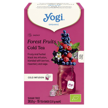 Load image into Gallery viewer, Yogi Organic Forest Fruits Cold Tea box showing a black tea infusion jar topped with a stack of fresh blueberries, raspberries, rosemary, and sage.
