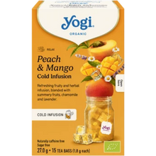 Load image into Gallery viewer, Yogi Organic Peach &amp; Mango Cold Infusion box featuring a naturally caffeine-free and sugar-free refreshing fruity and herbal infusion blended with summery fruits, chamomile, and lavender.   
