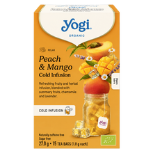 Load image into Gallery viewer, Yogi Organic Peach and Mango Cold Infusion herbal tea box featuring a jar of iced tea with fresh peaches, mangoes, chamomile, and lavender.
