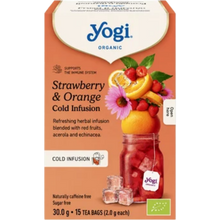 Load image into Gallery viewer, Yogi Organic Strawberry &amp; Orange Cold Infusion box featuring a naturally caffeine-free and sugar-free refreshing herbal infusion blended with red fruits, acerola, and echinacea.   
