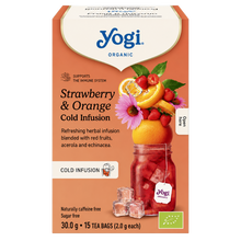 Load image into Gallery viewer, Yogi Organic Strawberry and Orange Cold Infusion immune support tea box with a glass of iced red tea, fresh oranges, strawberries, and an echinacea flower.
