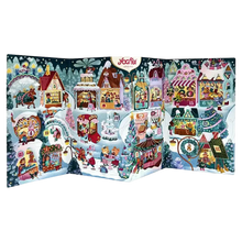 Load image into Gallery viewer, The Yogi Tea 2025 Christmas Advent Calendar shown fully unfolded and open, revealing the 24 doors set against a festive, whimsical village scene.
