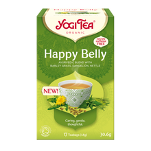 Load image into Gallery viewer, YOGI TEA® Happy Belly Organic Herbal Tea (17 tea bags), featuring an Ayurvedic blend of cardamom, fennel, and ginger designed to support healthy digestion and belly comfort.
