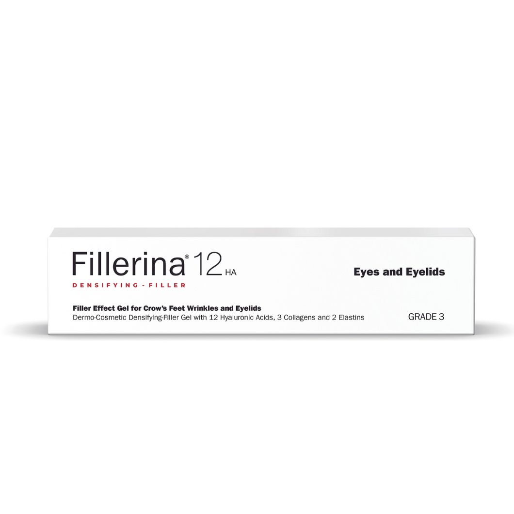 Fillerina 12 HA Densifying-Filler Effect Gel for Crow's Feet Wrinkles and Eyelids. Contains 12 Hyaluronic Acids, 3 Collagens, and 2 Elastins. Grade 3 concentration.