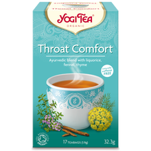 Load image into Gallery viewer, YOGI TEA® Throat Comfort Organic Ayurvedic Blend (17 tea bags), a soothing, warming, and naturally caffeine-free herbal tea crafted with liquorice, fennel, and thyme.
